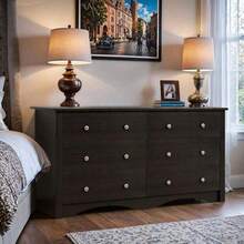 6 Drawer Double Dresser, Wide Wood Chest Of Drawers Storage Tower Storage Living Room Bedroom - 棕色 - 查看 8