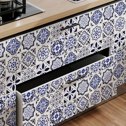 1卷波西米亚风3D复古花卉图案装饰墙贴，防水自粘瓷砖墙纸，适用于厨房、浴室、客厅翻新，可移除乙烯基接触纸，适用于书架、餐厅、卧室背景、商业和住宅、宿舍、商店、厨房、浴室、家具翻新、桌面、衣柜边缘，可移除，适用于家具、电器，防水、防污、隔音，豪华平面贴纸，方便家居装饰，电视背景墙贴纸，橱柜、梳妆台