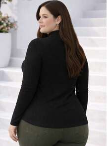 Women's Plus Size Long Sleeve Blouse With Medium High Ribbed Neck, Premium Comfortable Viscose - màu đen - Xem 2