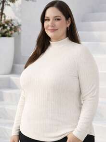 Women's Plus Size Long Sleeve Blouse With Medium High Ribbed Neck, Premium Comfortable Viscose - Trắng ngà - Xem 2