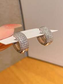 1 Pair Minimalist Luxury Gold & Silver Micro-Inlaid Zirconia Hoop Earrings, Lightweight Elegant Commuter Earrings For Women - Fashion Earrings - View 5