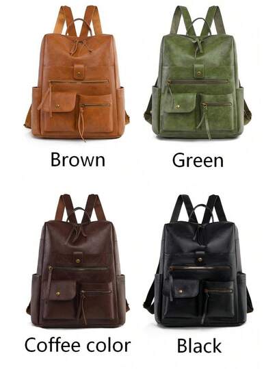 Vintage PU Leather Women's Backpack, Large Capacity, British Style Fashion Versatile Backpack, College Style Casual Student Bookbag, Soft Leather Travel Bag, Commuter Lightweight Women Backpack, European And American Style