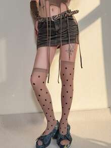 1 Pair Retro Polka Dot Velvet Mid-Calf Socks With Swan Print For Women - Brown - View 4