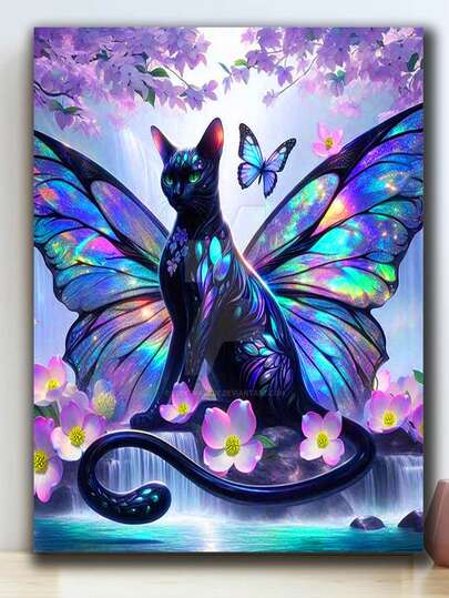 Fantasy Butterfly Winged Cat Diamond Art Diy Diamond Painting Cross Stitch Kits Animal Full Round Diamond Mosaic Embroidery Pictures For Home Decor