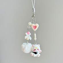 1 pieza Lindo colgante de dibujos animados, correa para teléfono con forma de conejo y corazón, llavero de bola de peluche con cordón para cámara CCD, regalo para parejas, cumpleaños, amigos - Multicolor - Ver 19