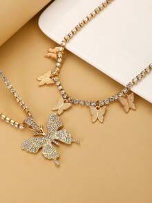 2pcs Retro Exaggerated Rhinestone Butterfly Necklaces, Unisex Hip-Hop Punk Fashion Accessories - Multicolor - View 3