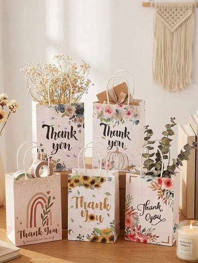 10个花卉图案感谢礼品袋，厚纸板材质，配有透明环形提手和精美镂空图案，适用于生日、婚礼、母亲节、情人节、圣诞节、毕业派对装饰 - 可重复使用，可用于礼品包装 - 鲜艳的花卉图案，点缀金色亮片，色彩柔和 - 包含感谢标签