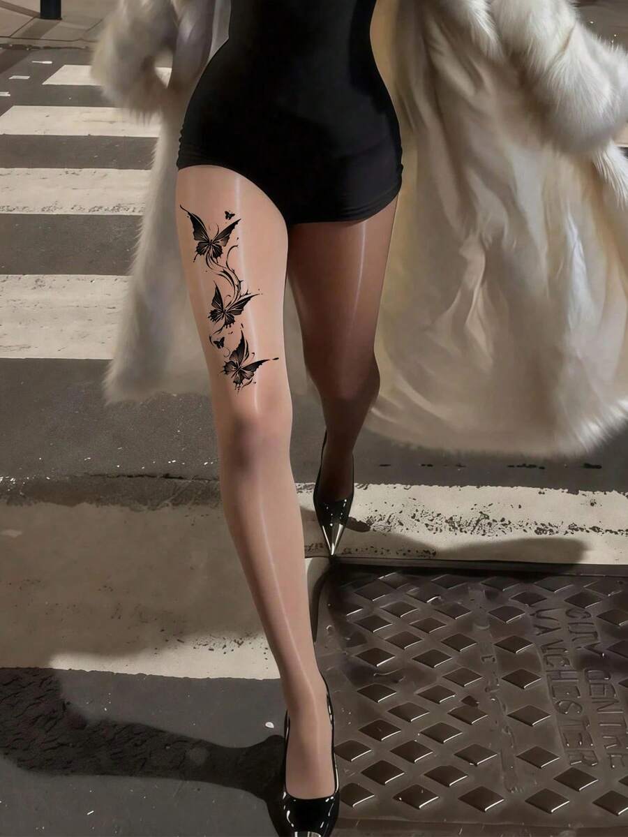 1双加大码黑色蝴蝶印花亮面透明紧身裤，性感火辣街头风，适合女性日常通勤、派对、春秋季穿着。 - 彩色 - 查看 1