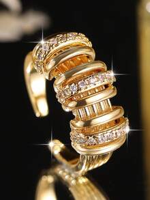 1pc Creative Multi-Level Lines Gold Plated Openable Rings Old Money Style Cubic Zirconia Women Ring For Birthday Festival Mother's Day Anniversary Gifts Copper Jewelry - Yellow Gold - View 7