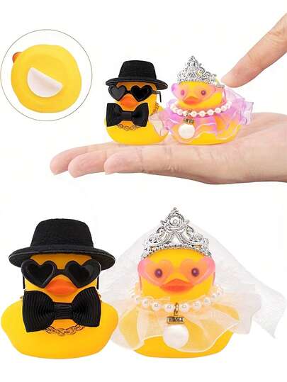 2件套婚礼鸭 - 新郎新娘对话鸭，可爱婚礼装饰，优雅温馨，套装包含头纱、帽子和心形眼镜。趣味婚礼礼物和装饰品，适用于婚车装饰、婚礼仪式、派对、新娘送礼会、周年纪念日、情人节等场合。