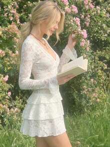 Đầm ngắn ren trắng thanh lịch tay xòe, eo nhún bèo, gấu đầm xếp ly, đầm hè gợi cảm thời trang, trang phục dạo phố lãng mạn dành cho nữ. - Màu be - Xem 4