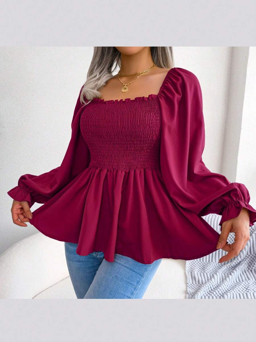 Long-Sleeved Chiffon Blouse With Ruffles And Square Neckline | Casual Style, New Spring/Summer Collection - 酒紅色 - 查看 1