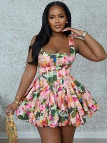 Stylish U Neck Floral Bubble Hem Mini Dress Summer Sundress Chic Women's Sleeveless Flower Short Dress Vacation Outfits - 多 - 查看 2