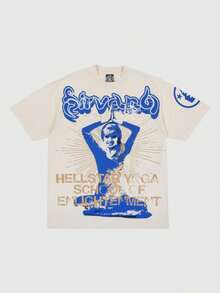 Hellstars  Yoga School Of Enlightenment Y2K Graphic T-Shirt,220g 100% Cotton,Round Neck Short Sleeve,Cream Streetwear Essential,Unisex Style - White - View 1