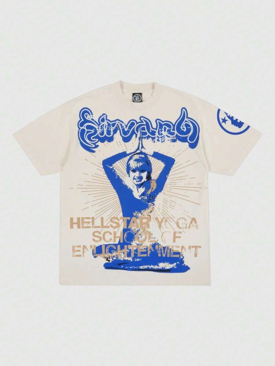 Hellstars  Yoga School Of Enlightenment Y2K Graphic T-Shirt,220g 100% Cotton,Round Neck Short Sleeve,Cream Streetwear Essential,Unisex Style - White - View 1
