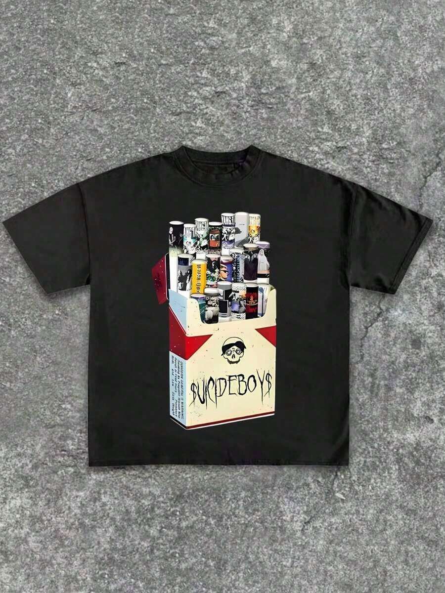 Uicideboy Cigarette Pack Graphic T Shirt, Graphic Tees, Summer Round Neck Short Men's T Shirt,Pure 220 Grams Cotton Sleeved T-Shirts, Halloween,Summer Clothes Women,Spring Tops For Women,Graphic T Shirts,Summer Vacation Outfits - Black - View 1