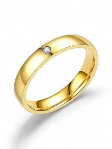 1pc Fashionable Rhinestone Titanium Steel Ring, Versatile Luxury Jewelry Accessory, Unique Stainless Steel Couple Rings, Unisex Cubic Zirconia Simple Band Ring, Halloween Gift, Christmas Small Gift - Gold - View 4