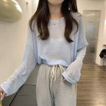 New For Summer! UV Protection, Long Sleeve, Thin, Girly, Simple, Oversized T-Shirt For Women. Sheer, Perfect For Underwear, Unique Design, Casual, Stylish Top. - ブルー - 查看 3