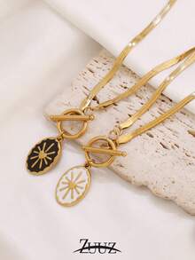 1对朋克风不锈钢项链，女士镀金珐琅粉色、黑色、白色、蓝色几何椭圆太阳吊坠项链，适合女性日常佩戴 - 項鍊 - 查看 5