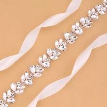 45cm Silver Crystal Rhinestone 1pc Bridal Waist Belt, Versatile Slimming Wedding Dress Accessory - Beige Ribbon - View 8
