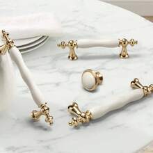 1pc Golden Ceramic Handle, European Style Simple Cabinet Wardrobe Door Handle, Solid Round Drawer Furniture Handle - A - View 5