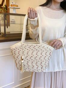 2026 Spring New Large Capacity Tote Bag, Minimalist Cotton Rope Woven Straw Basket Handbag - White - View 4