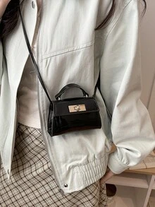 Fashionable Mini Handbag, Chic Versatile Shiny Flip-Lock Crossbody Bag - Black - View 2