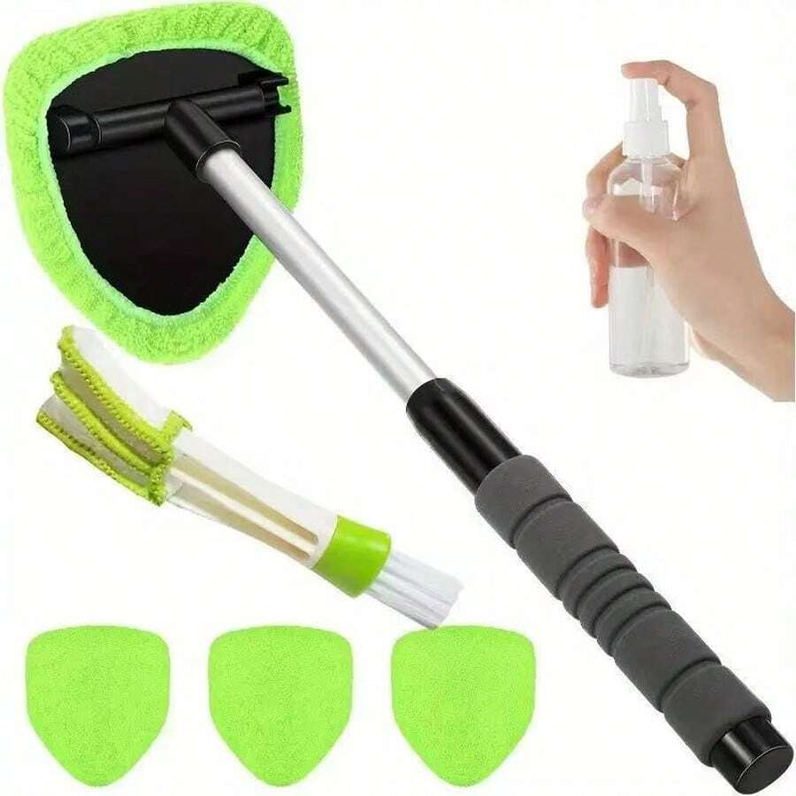 4pcs Windshield Cleaning Kit With 3 Reusable Microfiber Cloths, Spray Bottle, And Extendable Handle For Car Windows - A - 查看 1