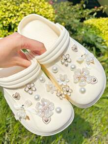 20pcs White Bow Pearl Flower Decor, Suitable For Slippers, Sandals, DIY Accessories - White Flowers - View 2