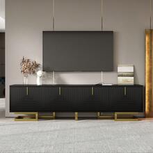 TV Stand With Textured Doors, TV Furniture, Gold Handles And Gold Legs - 黑色+刨花板 - 查看 4