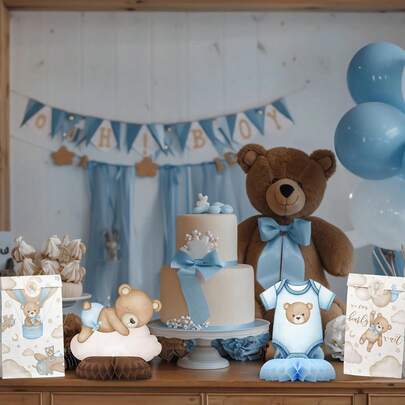 12件套泰迪熊主题婴儿派对蜂窝状中心装饰品，“我们迫不及待”婴儿派对餐桌装饰，男宝宝派对用品