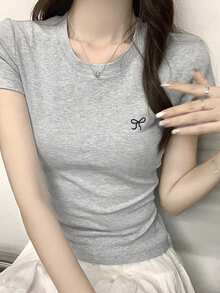女士时尚修身蝴蝶刺绣短袖T恤 - 灰色 - 查看 3