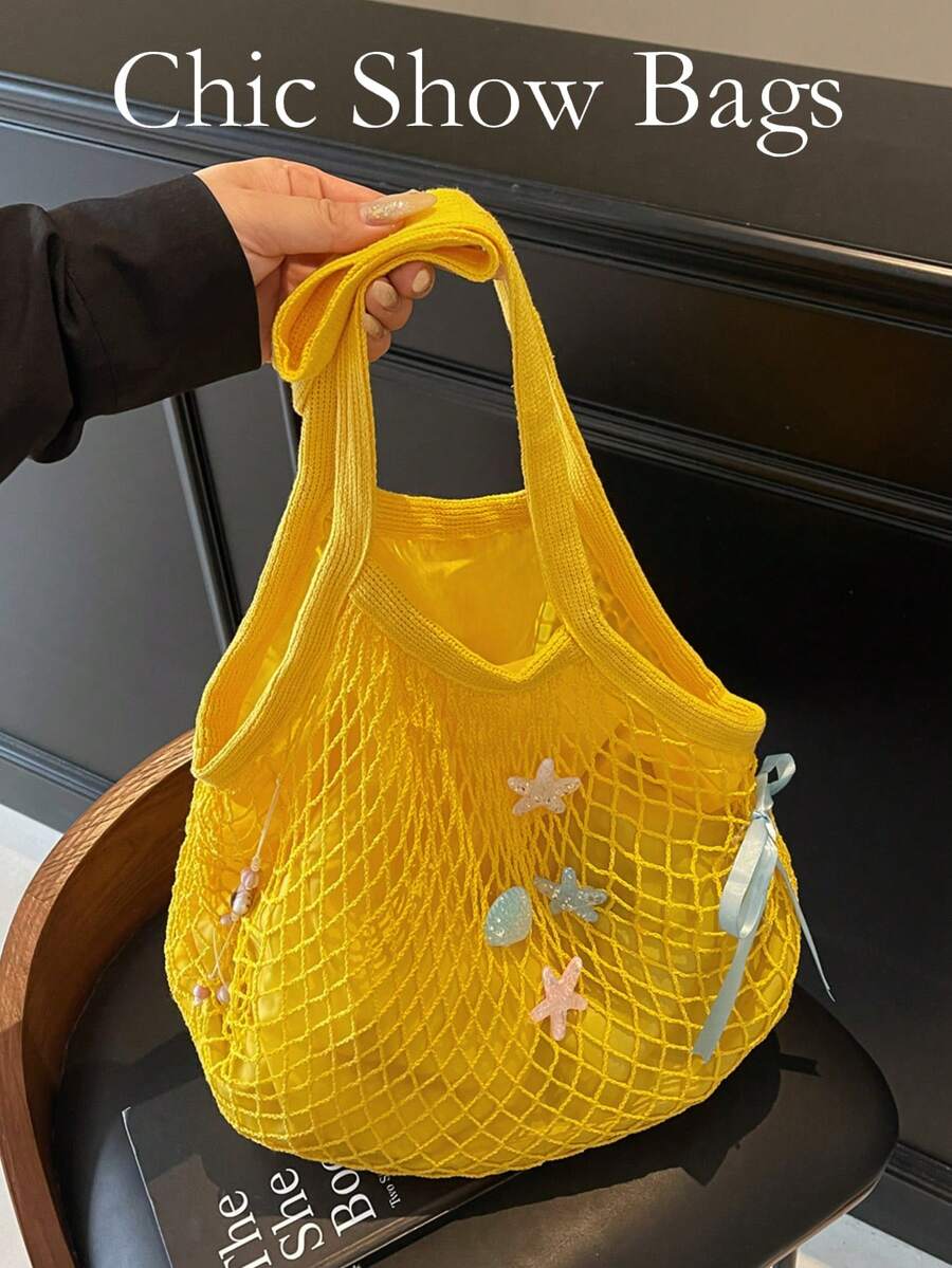 女士时尚夏季海星贝壳针织网眼包度假手提包大容量单肩包