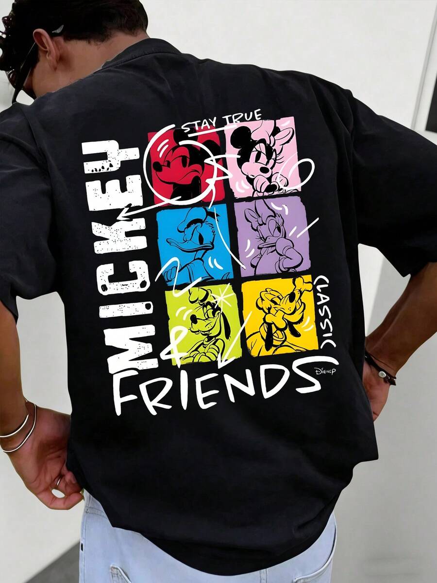 Disney Men's Casual T-Shirt, Mickey & Friends "Stay True Classic" Print (Black Back), Bold & Nostalgic Design, Ideal For Fans & Casual Outings - 黑色 - 查看 1