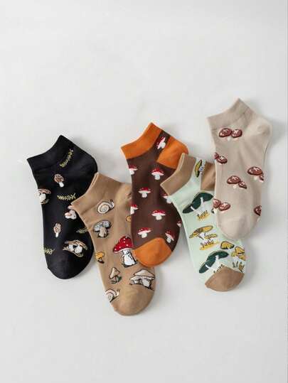 5 Pairs Women's Casual Mushroom Print Breathable Soft Comfortable Boat Socks, Suitable For Leisure, Sports And Daily Wear