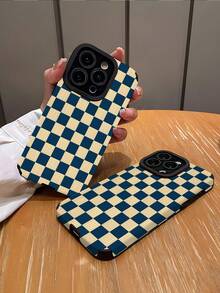 1pc Minimalist Blue & White Checkerboard Star Pattern Vertical Stripe Faux Leather Soft Protective Phone Case, Suitable As Gift For Friends And Lovers, Compatible With Apple And Phones ( 17/17 Air/17 Pro/17 Pro Max) - Multicolor - View 2