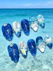 1 gói/10 cái - Ocean Whisper: Móng tay họa tiết sao và ngọc trai - Xanh đậm - Xem 3