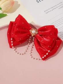1pc Girls Cute Sweet Multi-Layer Tulle Bow Pearl Tassel Hair Clip - Bow Tie Clip - View 18