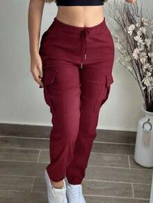 Women's Fashion Elegant Solid Color Casual Pocket Elastic Waist Drawstring Cargo Pants - Màu Đỏ Sâu - Xem 2