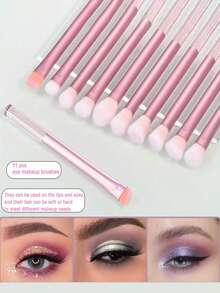 12pcs Pink Transparent Handle Multifunctional Makeup Brush Set - Powder Brush, Blush Brush, Foundation Brush, Eyeshadow Brush, Contour Brush + Angled Makeup Sponge & Round Makeup Sponge, Essential For Beginners - Pink - View 2