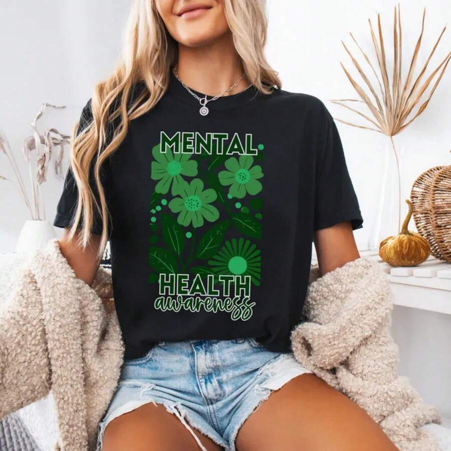 Mental Health Awareness Co Mfort Colors Shirt, Green Boho Flower Oversized T-Shirt, Floral Graphic Tee, Invisible Illness, Therapist Gift2 - 黑色 - 查看 1