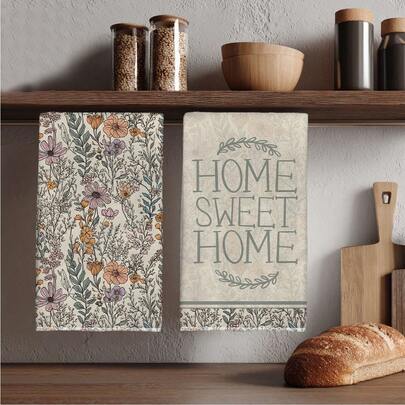 MEMNUN 2pcs Vintage Wild Flower "Home Sweet Home" Printed Kitchen Towels, 15.75*23.62in (40*60cm), Soft Microfiber Material, Dish Cloth, Hand Towel, Ideal For Kitchen & Dining Room Decor, All Season