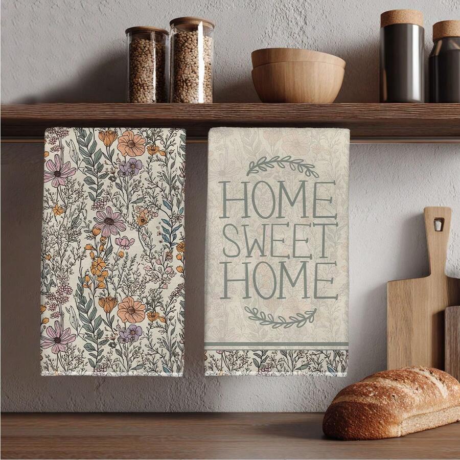MEMNUN 2入組復古野花Home Sweet Home文字印花廚房毛巾 15.75*23.62in(40*60cm)/ 17.71*27.56in(45*70cm) 柔軟超細纖維材質 洗碗布 刷盤布 手巾 廚房浴室日常家居裝飾 適合廚房與餐廳裝飾 全季節適用 - 彩色 - 查看 1
