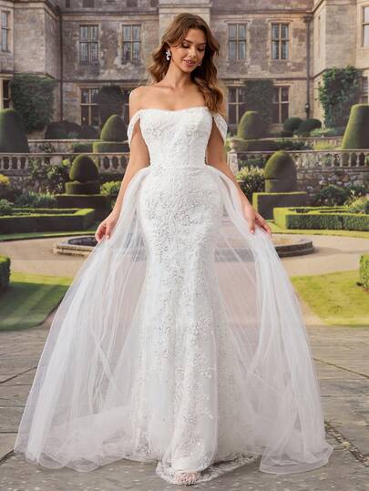 HEARBOBO Elegant White Lace Applique Long Sleeve Royal Formal Evening Gown, Mermaid Princess Wedding Dress With Train, Bridal Gown For Wedding Season