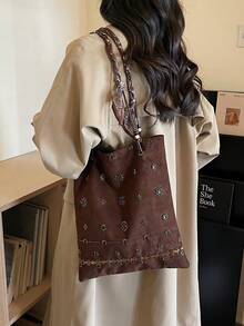 Bolso de cubo de gran capacidad con acabado mate vintage, primavera 2026 para mujeres. Bolso de hombro de moda versátil para ir y venir, elegante y retro para uso diario, perfecto para el trabajo, los viajes y los atuendos cotidianos. - Multicolor - Ver 5