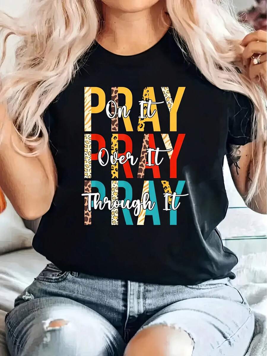 Bedrucktes T-Shirt mit Muster, kurzärmeliges, lässiges Oberteil mit Rundhalsausschnitt, Damen-Outfit für Frühling/Sommer. - Schwarz - Übersicht 1