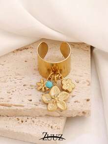 1件装时尚海洋设计不锈钢珍珠贝壳海星花朵吊坠戒指，宽开口戒指，女士珠宝礼物，适合女性日常派对佩戴。 - 戒指 - 查看 3