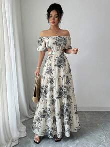 Vacation Style Denim Effect Off-Shoulder Backless Tie-Up Dress For Women, Summer - Multicolor - View 4