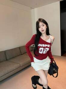 Asymmetric Collar Color Block Long Sleeve T-Shirt, Sweet & Sexy Girl Print Fitted Top For Women, Spring/Summer Red - Red - View 4