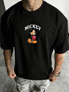 Disney Official Licensed Mickey Mouse Classic Big Letter Retro Print 220g Cotton Crew Neck Unisex Tee - Black - View 2